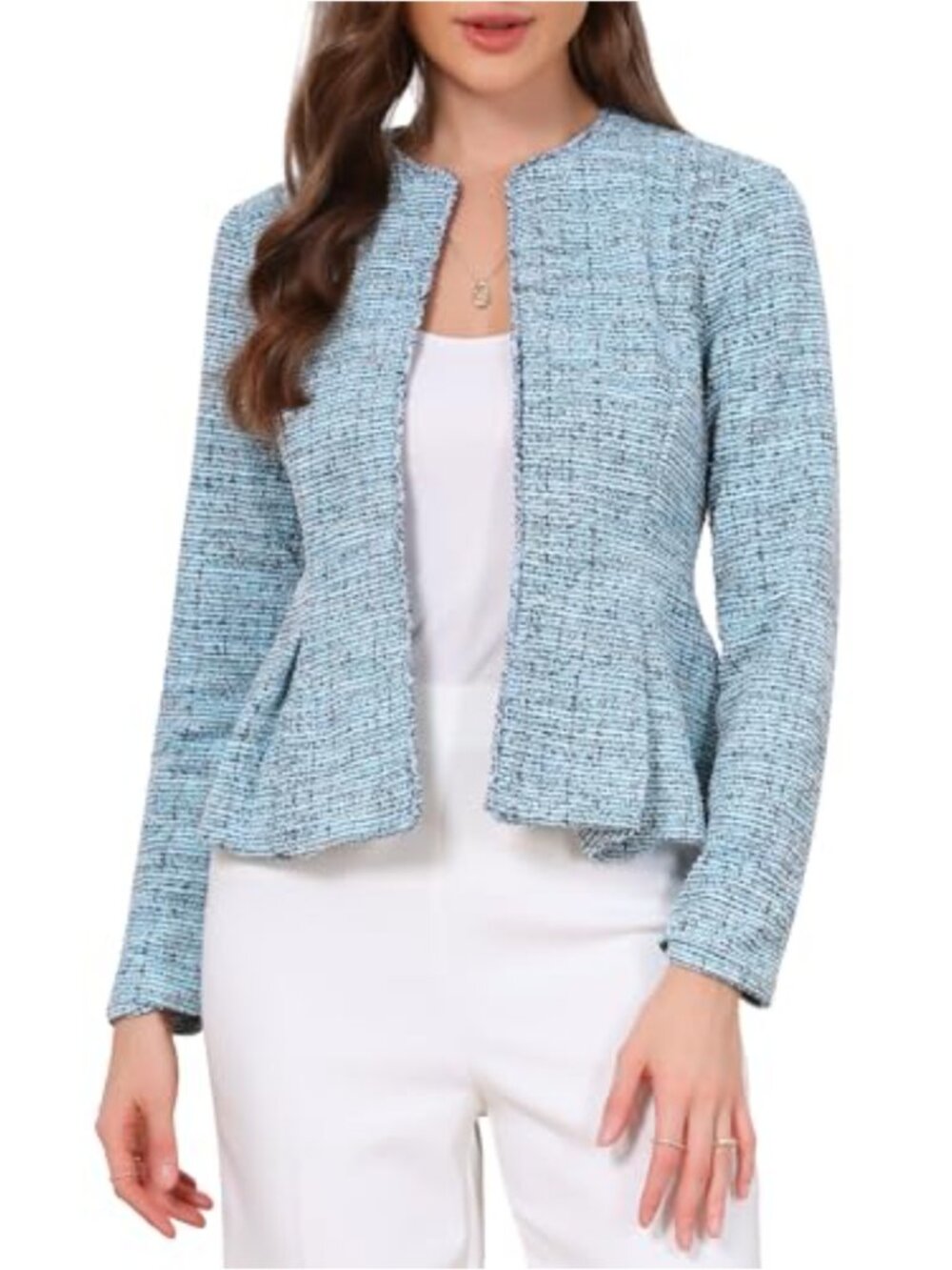 Tweed Blazer Collarless Business Casual Suit Jacket Cropped